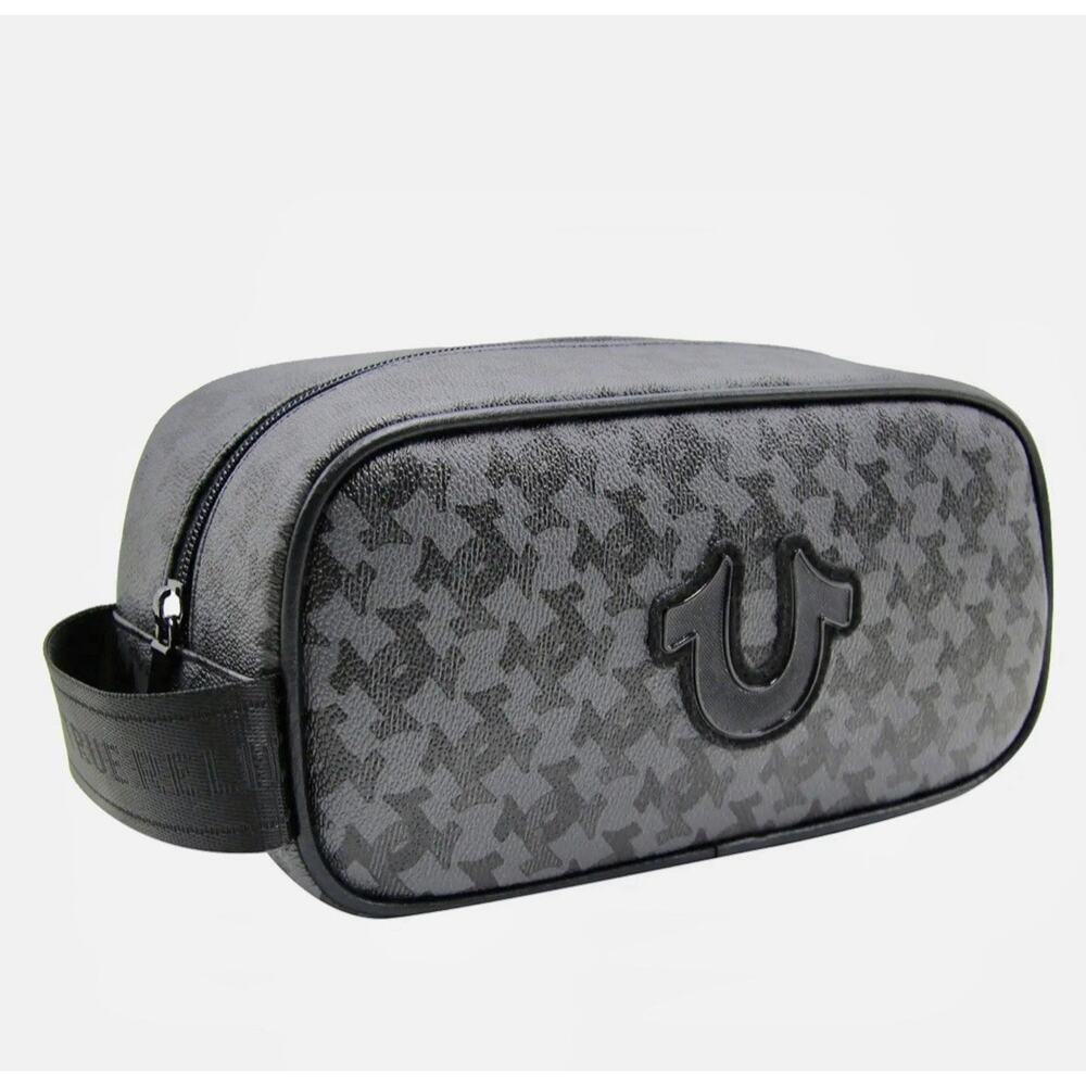 TRUE RELIGION men toiletry bag travel Dopp kit Faux Leather Black Allover Logo